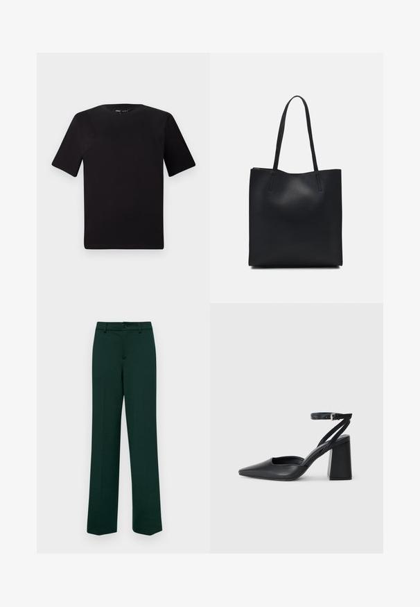 Black short-sleeve t-shirt with a round neckline, crafted from soft cotton fabric. Simple design, no visible logos or patterns.; Dark green, straight-leg trousers with a button closure and belt loops. Smooth texture and minimal detailing. Tailored fit.; Black leather pointy-toe pump with an ankle strap and a chunky heel. Flat texture, sleek design, and minimalistic aesthetics.; Black leather tote bag with smooth texture, rectangular shape, and two long handles. No visible hardware or embellishments.