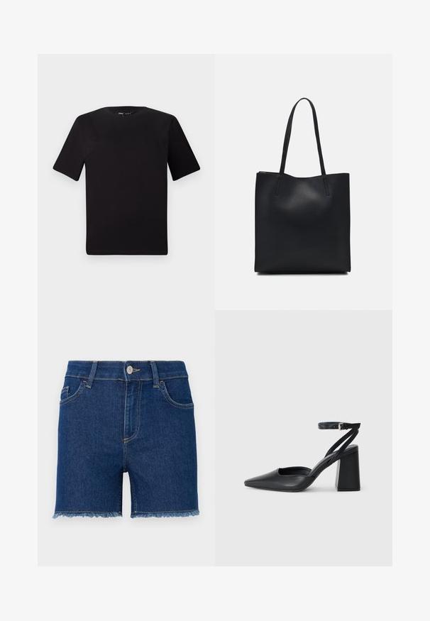 Čierne tričko s krátkym rukávom a okrúhlym výstrihom, vyrobené z mäkkej bavlny. Jednoduchý dizajn, bez viditeľných log alebo vzorov.; Džínové šortky v tmavomodrej farbe, stredne vysoké s klasickým päť-vreckovým dizajnom, strihaným lemom a žltými šitím.; Čierne kožené lodičky s špicatou špičkou a členkovým remienkom, s masívnym podpätkom. Hladký povrch, elegantný dizajn a minimalistická estetika.; Čierna kožená taška na rameno s hladkým povrchom, obdĺžnikovým tvarom a dvoma dlhými uchami. Bez viditeľného kovania alebo ozdôb.