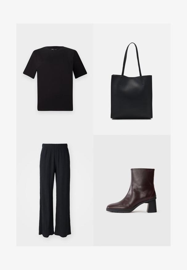 Fekete, rövid ujjú póló, kerek nyakkal, puha pamutból készült. Egyszerű dizájn, nincs látható logó vagy minta.; Fekete, széles lábú nadrág textúrált anyagból, rugalmas derékrésszel. Lazán illeszkedő szabás és puha, áramló dizájn jellemzi.; Sötétbarna bőrbakancs, blokk sarkú és kerek orrú, sima világosszürke háttér előtt bemutatva.; Fekete bőrtáska sima felszínnel, téglalap alakú, két hosszú füllel. Nincs látható fémkiegészítő vagy díszítés.