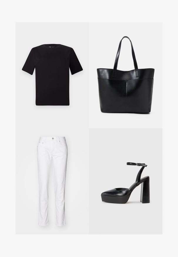 Juodas trumpas rankovės marškinėlis su apvaliu iškirpimu, pagamintas iš minkštos medvilnės medžiagos. Paprastas dizainas, be matomų logotipų ar raštų.; Balti džinsai tiesaus kirpimo su mygtuko uždarymu, penkiomis kišenėmis ir subtiliais siuvinėjimo akcentais. Lygus paviršius ir paprastas dizainas.; Juodi platforminiai aukšti kulniukai su smailiu kojų pirštu ir reguliuojamu kulkšnies dirželiu. Pagaminti iš lygaus odos, turi masyvų blokinį kulną.; Juoda odinė rankinė su dviem ilgais diržais, lygiu paviršiumi ir struktūrizuota forma. Yra priekinė kišenė papildomam saugojimui.