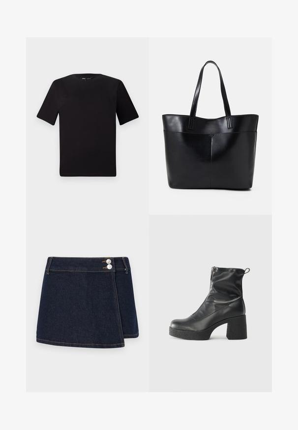 Juodas trumpas rankovės marškinėlis su apvaliu iškirpimu, pagamintas iš minkštos medvilnės medžiagos. Paprastas dizainas, be matomų logotipų ar raštų.; Tamsiai mėlyna džinsinė sijonas su apvadu, dviem sidabriniais mygtukais liemenyje ir kontrastinėmis siūlėmis palei apatinę kraštą ir siūles.; Juodos kulkšninių botai, pagaminti iš lygaus odos, su šoniniu užtrauktuku, masyviu tekstūruotu kulnu ir apvaliu pirštu.; Juoda odinė rankinė su dviem ilgais diržais, lygiu paviršiumi ir struktūrizuota forma. Yra priekinė kišenė papildomam saugojimui.