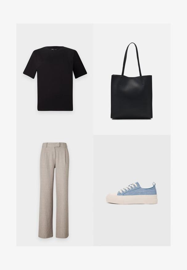 Tricou scurt negru cu mânecă scurtă și guler rotund, realizat dintr-un material de bumbac moale. Design simplu, fără logo-uri sau modele vizibile.; Pantaloni bej ajustați, realizați dintr-un material texturat, având un design cu picioare drepte și pliuri frontale. Fără detalii metalice sau modele vizibile.; Sneakers din pânză de culoare albastru deschis, cu vârf și talon din cauciuc crem, având șireturi albe și un maner pe călcâi.; Geantă tote neagră din piele, cu textură netedă, formă rectangulară și două mânere lungi. Fără hardware vizibil sau ornamente.