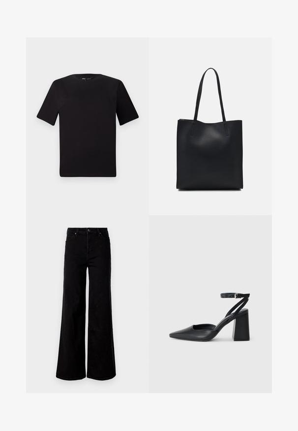 Camiseta negra de manga corta con cuello redondo, fabricada en suave algodón. Diseño simple, sin logos ni patrones visibles.; Vaqueros anchos de talle alto negros con bolsillos delanteros y traseros, cierre de botón y pasadores para cinturón sobre un fondo blanco liso.; Zapato de tacón puntiagudo de cuero negro con tira en el tobillo y tacón ancho. Textura plana, diseño elegante y estética minimalista.; Bolso tote de cuero negro con textura lisa, forma rectangular y dos asas largas. Sin herrajes ni adornos visibles.