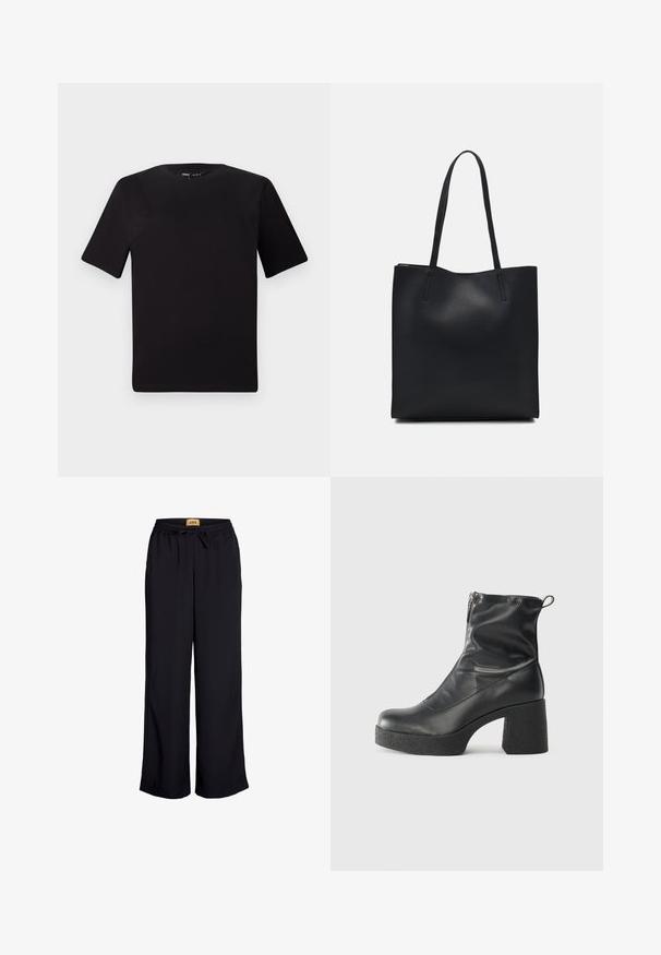 Črna majica s kratkimi rokavi in okroglim izrezom, izdelana iz mehkega bombažnega materiala. Preprost dizajn, brez vidnih logotipov ali vzorcev.; Črne široke hlače z elastičnim pasom in vrvico. Narejene iz gladkega materiala brez vidnih vzorcev ali dodatkov.; Črne gležnjarje iz gladke kože z božnim zadrgo, masivnim teksturiranim peto in zaobljeno obliko prstov.; Črna usnjena torba s svilnato teksturo, pravokotne oblike in dvema dolgima ročajema. Brez vidnih metalnih delov ali okrasnih elementov.