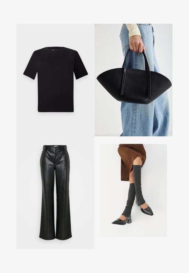 Černé tričko s krátkým rukávem a kulatým výstřihem, vyrobené z měkké bavlněné látky. Jednoduchý design, žádné viditelné logo nebo vzory.; ONLY Tall ONLSMOOTH WIDE - Kalhoty - black; Černé lakované boty s špičatou špičkou, blokovým podpatkem a kotníkovým páskem, spárované s šedými žebrovanými návleky na nohy a hnědskou sukní z semiše.; Černá kožená kabelka s jedinečným tvarováním ve tvaru vějíře, vybavená plochými uchy. Povrch má jemně zrnitou texturu a minimalistický design.