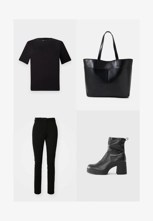 Svart t-skjorte med korte ermer og rund hals, laget av mykt bomullsstoff. Enkelt design, ingen synlige logoer eller mønstre.; Sorte polyesterbukser med slim fit, flad front og enkelt knaplukning, med detaljer om frontfold og ingen synlige lommer.; Svarte ankelstøvler laget av glatt lær, med glidelås på siden, chunky strukturert hæl, og rund tå-design.; Svart lær toteveske med to lange håndtak, en glatt tekstur og en strukturert form. Har en frontlomme for ekstra oppbevaring.