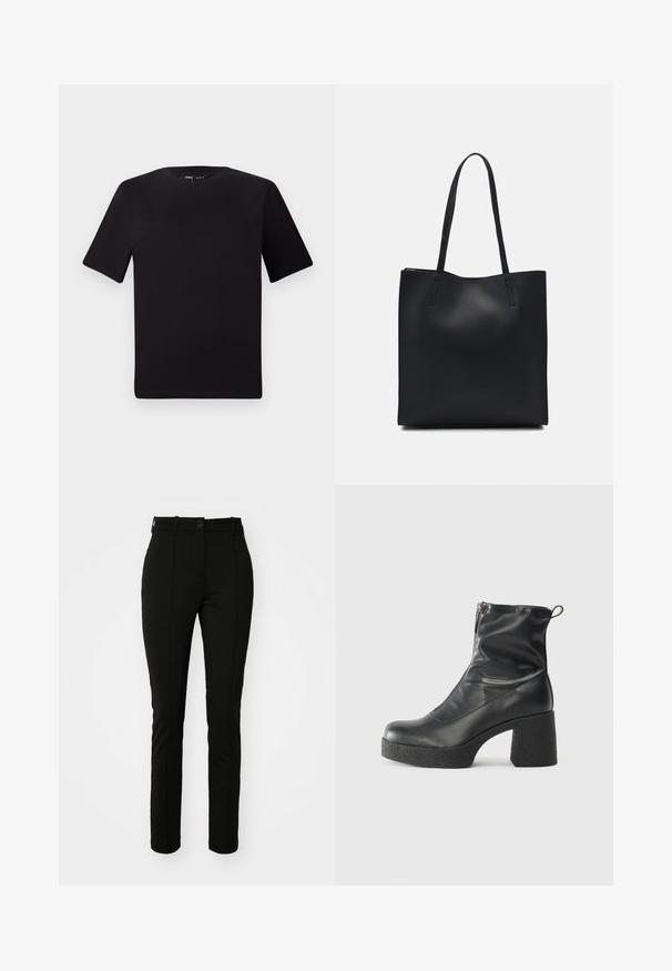 T-shirt preta de mangas curtas com decote redondo, feita de tecido de algodão suave. Design simples, sem logótipos ou padrões visíveis.; Calças de poliéster pretas com um ajuste justo, frente lisa e fecho com um único botão, apresentando detalhes de pregas frontais e sem bolsos visíveis.; Botas de tornozelo pretas feitas de couro liso, com fecho lateral, salto grosso texturizado e design de bico arredondado.; Bolsa tote preta em couro com textura lisa, forma retangular e duas alças longas. Sem hardware ou enfeites visíveis.