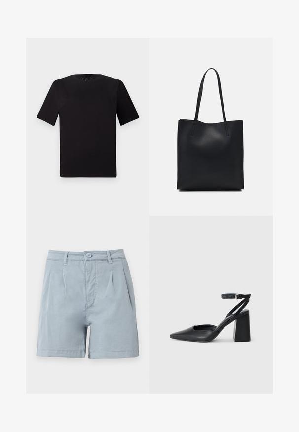Melnas īsām piedurknēm T-krekls ar apaļu kakla izgriezumu, izgatavots no mīksta kokvilnas auduma. Vienkāršs dizains, bez redzamām logo vai rakstiem.; Gai zilu kokvilnas šorti ar plakanu priekšpusi, krokām un pogu aizdari. Tie ir ar sānu kabatām un apmali, kas krīt vidus augšstilbā.; Melna ādas augstpapēžu kurpe ar norakstīto purngala formu, potītes siksniņu un masīlu papēdi. Gluda tekstūra, elegants dizains un minimālisma estētika.; Melnas ādas somiņa ar gludu tekstūru, taisnstūra formu un divām garām rokturiem. Nav redzamu aparatūras vai rotājumu.