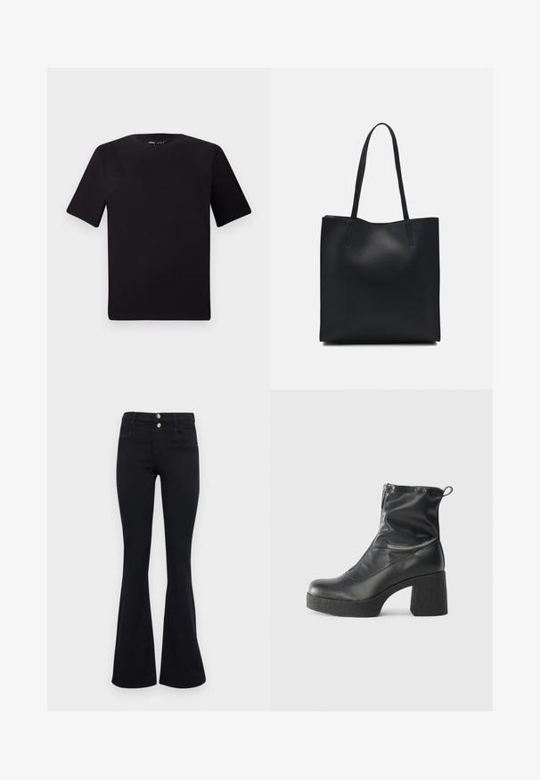 Schwarzes T-Shirt mit kurzen Ärmeln und Rundhalsausschnitt, aus weichem Baumwollmaterial gefertigt. Schlichtes Design, keine sichtbaren Logos oder Muster.; ONLY ONLRAIN FLARED - Flared Jeans - washed black; Schwarze Stiefeletten aus glattem Leder mit seitlichem Reißverschluss, klobigem strukturiertem Absatz und runder Zehenform.; Schwarze Laptoptasche aus Leder mit glatter Textur, rechteckiger Form und zwei langen Griffen. Keine sichtbaren Beschläge oder Verzierungen.