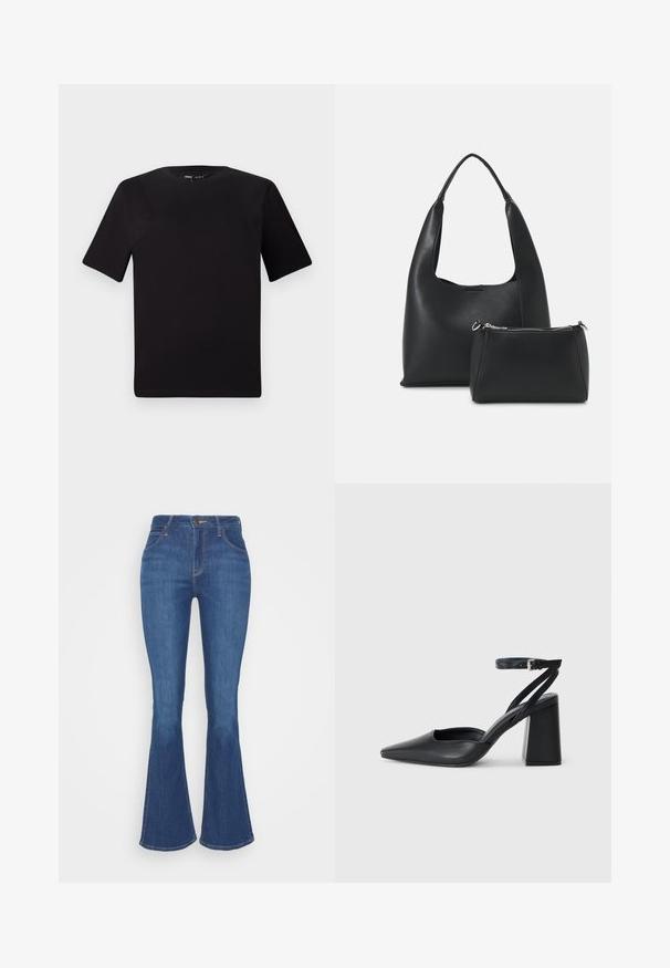 Μαύρο κοντομάνικο μπλουζάκι με στρογγυλή λαιμόκοψη, κατασκευασμένο από απαλό βαμβακερό ύφασμα. Απλός σχεδιασμός, χωρίς ορατά λογότυπα ή μοτίβα.; Σκούρες μπλε τζιν με φαρδύ μπατζάκι, κατασκευασμένα από τζιν ύφασμα, με ψηλή μέση, μπροστινές τσέπες και ορατές ραφές. Κλασικός σχεδιασμός πέντε τσεπών.; Μαύρο δερμάτινο ψηλοτάκουνο παπούτσι με οξύ μυτερό τόξο, λουράκι στον αστράγαλο και χοντρό τακούνι. Λείος υφασματισμός, κομψός σχεδιασμός και μινιμαλιστική αισθητική.; Even&Odd SET - Τσάντα χειρός - black