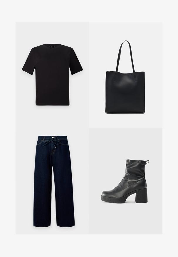 Black short-sleeve t-shirt with a round neckline, crafted from soft cotton fabric. Simple design, no visible logos or patterns.; Dark blue wide-leg jeans made of denim, featuring a front button closure and a drawstring waist, with contrasting stitching details.; Black ankle boots made of smooth leather, featuring a side zipper, chunky textured heel, and rounded toe design.; Black leather tote bag with smooth texture, rectangular shape, and two long handles. No visible hardware or embellishments.