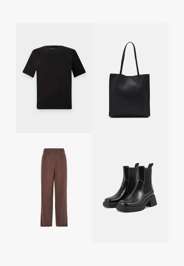 Must olema lühikeste varrukatega must t-särk ümmarguse kaelusega, valmistatud pehmest puuvillast kangast. Lihtne disain, ilma nähtavate logode või mustriteta.; Pruunid kootud laiad püksid kõrge vöökohtadega, ees voldid ja nupuga detail. Sile tekstuur koos soe disainiga.; Must musta Chelsea saapad, millel on paks konts, elastsed külgpaneelid ja kontrastne valge õmblus. Tekstuuriga viimistlus.; Mustast nahast kott sujuva tekstuuriga, ristkülikukujuline ja kahe pika sangaga. Pole nähtavat riistvara ega kaunistusi.