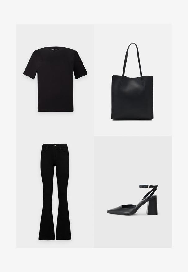 T-shirt noir à manches courtes avec un col rond, fabriqué en coton doux. Design simple, sans logos ni motifs visibles.; Jean noir taille haute avec fermeture à bouton et à zip, poches avant et jambes évasées, posés à plat sur un fond blanc.; Escarpin noir en cuir à bout pointu avec une bride de cheville et un talon épais. Texture lisse, design élégant et esthétique minimaliste.; Sac fourre-tout en cuir noir avec une texture lisse, de forme rectangulaire et deux longues poignées. Pas de matériel ou d'ornementations visibles.