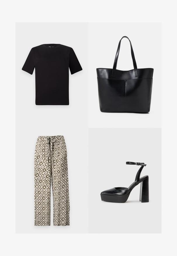 Fekete, rövid ujjú póló, kerek nyakkal, puha pamutból készült. Egyszerű dizájn, nincs látható logó vagy minta.; Olívazöld és fehér nyomtatott, bő szárú nadrág. Gyémánt mintázat jellemzi, és húzózsinóros derékpánttal rendelkezik. Könnyű anyagból készült.; Fekete platform magassarkú cipők hegyes orral és állítható bokapánttal. Sima bőrből készült, vastag talppal.; Fekete bőr bevásárlótáska két hosszú fogantyúval, sima felülettel és strukturált formával. Elülső zseb található rajta a plusz tárolás érdekében.