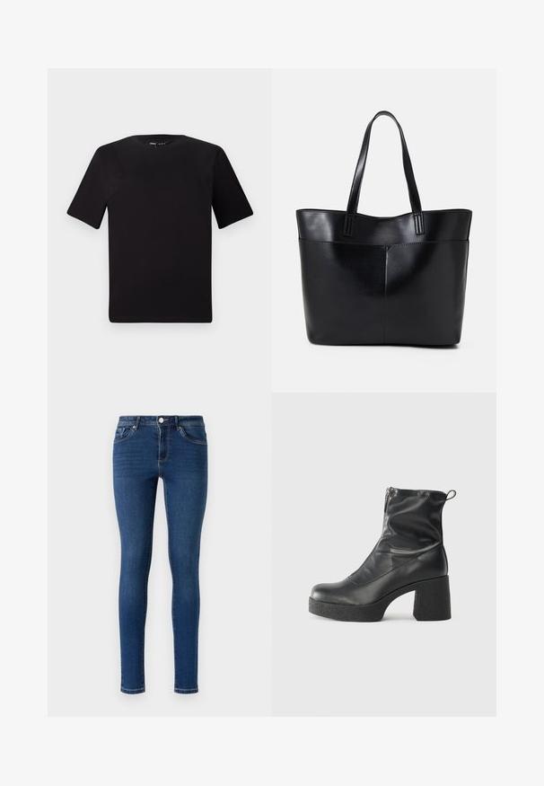 Czarna koszulka z krótkim rękawem o okrągłym dekolcie, wykonana z miękkiej bawełny. Prosty design, bez widocznych logo ani wzorów.; Chude dżinsy w ciemnoniebieskim kolorze. Posiadają klasyczny design pięciu kieszeni, metalowe zapięcie na guzik oraz subtelne przeszycia wzdłuż szwów.; Czarne botki za kostkę wykonane z gładkiej skóry, wyposażone w boczny zamek błyskawiczny, masywny teksturowany obcas oraz zaokrąglony czubek.; Czarna skórzana torba na ramię z dwoma długimi uchwytami, gładką teksturą i sztywną formą. Posiada przednią kieszeń dla dodatkowego przechowywania.