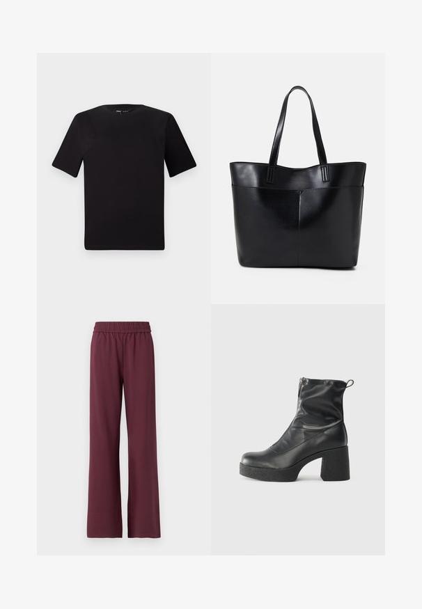 Schwarzes T-Shirt mit kurzen Ärmeln und Rundhalsausschnitt, aus weichem Baumwollmaterial gefertigt. Schlichtes Design, keine sichtbaren Logos oder Muster.; Burgunderfarbene weit geschnittene Hose mit elastischem Bund, aus weichem Material, mit glatter Textur und komfortablem Sitz.; Schwarze Stiefeletten aus glattem Leder mit seitlichem Reißverschluss, klobigem strukturiertem Absatz und runder Zehenform.; Schwarze Leder-Shopper-Tasche mit zwei langen Griffen, einer glatten Textur und einer strukturierten Form. Verfügt über eine Vordertasche für zusätzlichen Stauraum.