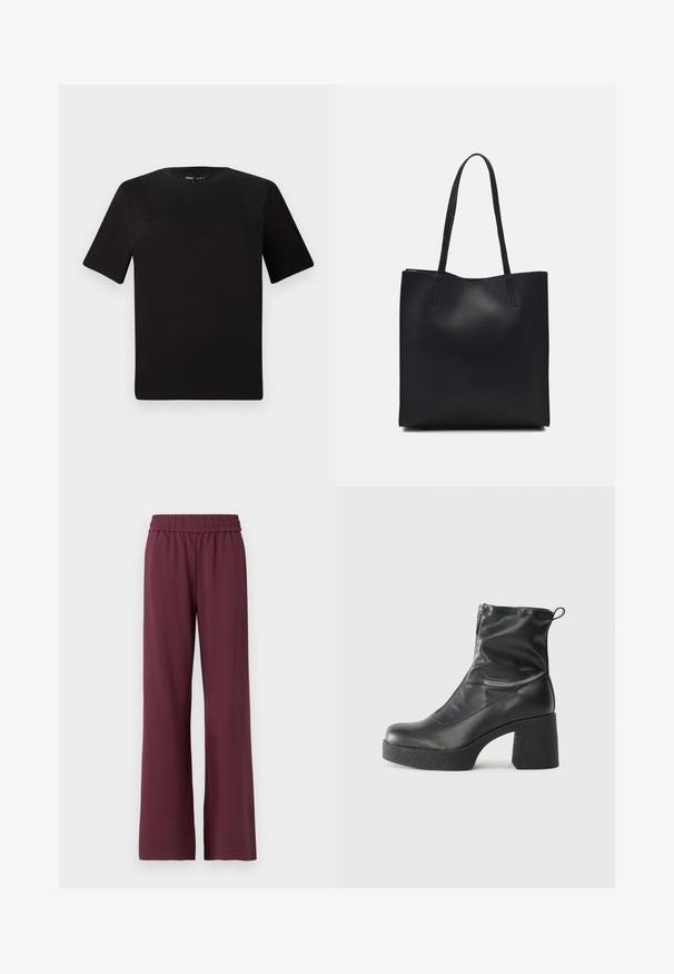Schwarzes T-Shirt mit kurzen Ärmeln und Rundhalsausschnitt, aus weichem Baumwollmaterial gefertigt. Schlichtes Design, keine sichtbaren Logos oder Muster.; Burgunderfarbene weit geschnittene Hose mit elastischem Bund, aus weichem Material, mit glatter Textur und komfortablem Sitz.; Schwarze Stiefeletten aus glattem Leder mit seitlichem Reißverschluss, klobigem strukturiertem Absatz und runder Zehenform.; Schwarze Laptoptasche aus Leder mit glatter Textur, rechteckiger Form und zwei langen Griffen. Keine sichtbaren Beschläge oder Verzierungen.