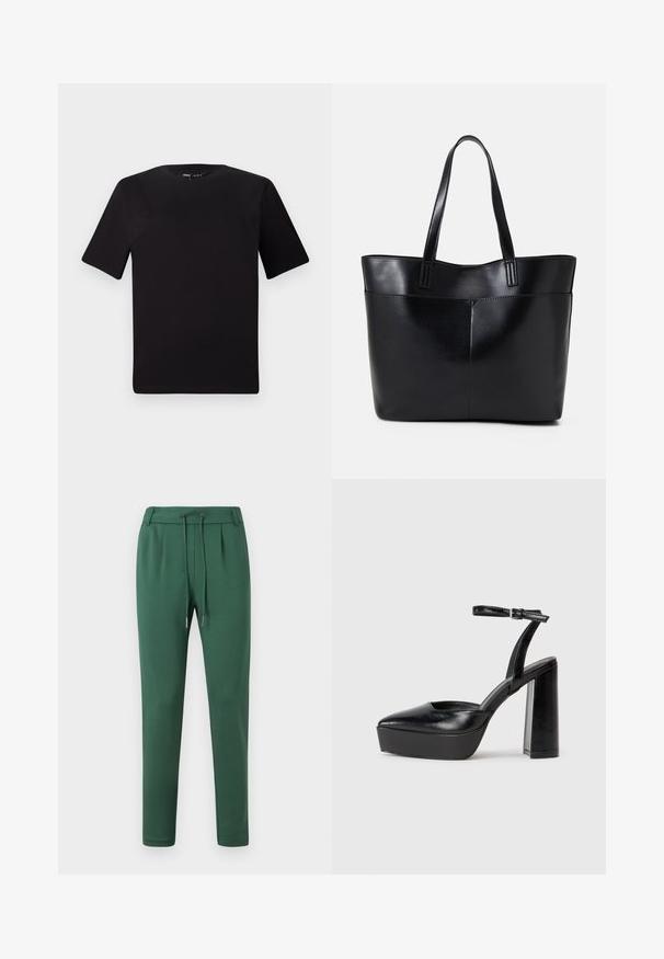 Schwarzes T-Shirt mit kurzen Ärmeln und Rundhalsausschnitt, aus weichem Baumwollmaterial gefertigt. Schlichtes Design, keine sichtbaren Logos oder Muster.; Grüne Sweatpants aus weichem Stoff, mit einem elastischen Bündchen und Kordelzug, schmal zulaufenden Beinen und seitlichen Falten.; Schwarze Plateau-High Heels mit spitzem Zeh und verstellbarem Knöchelriemen. Gefertigt aus glattem Leder und mit einem klobigen Blockabsatz.; Schwarze Leder-Shopper-Tasche mit zwei langen Griffen, einer glatten Textur und einer strukturierten Form. Verfügt über eine Vordertasche für zusätzlichen Stauraum.