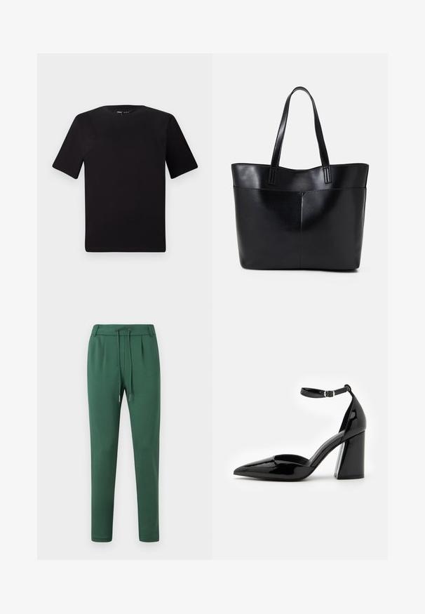 T-shirt noir à manches courtes avec un col rond, fabriqué en coton doux. Design simple, sans logos ni motifs visibles.; Pantalons de survêtement verts en tissu doux, avec une taille élastique et un cordon de serrage, des jambes fuselées et des détails de plis sur les côtés.; Chaussure à talon haut en cuir verni noir avec un bout pointu, une bride de cheville et un large talon bloc pour la stabilité, présentant une texture lisse et brillante.; Sac fourre-tout en cuir noir avec deux longues poignées, une texture lisse et une forme structurée. Dispose d'une poche avant pour un rangement supplémentaire.