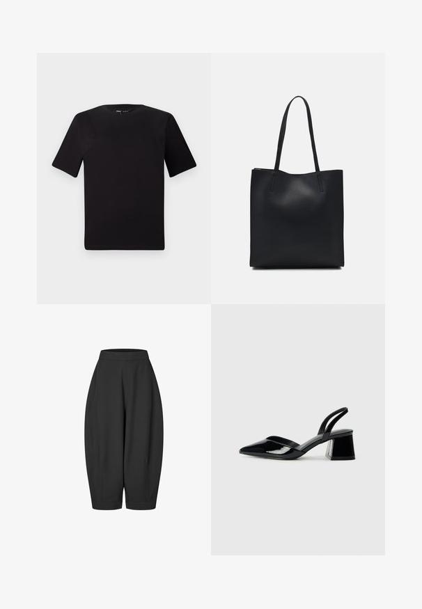 Camiseta negra de manga corta con cuello redondo, fabricada en suave algodón. Diseño simple, sin logos ni patrones visibles.; Culottes negros y holgados con una cinturilla elástica, que cuentan con bolsillos laterales y un diseño de pierna ajustada, fabricados en una tela suave.; Zapatos de tacón slingback de charol negro con punta afilada y tacón geométrico en bloque. Presentan un diseño elegante y minimalista, así como una textura suave.; Bolso tote de cuero negro con textura lisa, forma rectangular y dos asas largas. Sin herrajes ni adornos visibles.