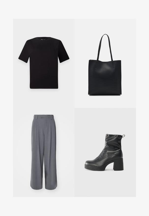 Črna majica s kratkimi rokavi in okroglim izrezom, izdelana iz mehkega bombažnega materiala. Preprost dizajn, brez vidnih logotipov ali vzorcev.; Sive široke hlače iz gladkega materiala, z visokim pasom, naborki in krojem po meri, brez vidnih vzorcev ali akcentov.; Črne gležnjarje iz gladke kože z božnim zadrgo, masivnim teksturiranim peto in zaobljeno obliko prstov.; Črna usnjena torba s svilnato teksturo, pravokotne oblike in dvema dolgima ročajema. Brez vidnih metalnih delov ali okrasnih elementov.