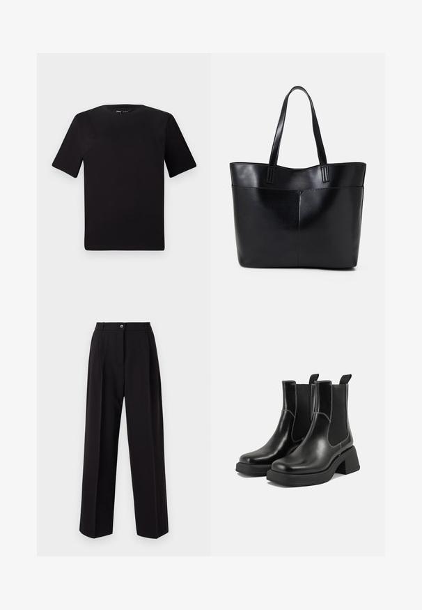 Zwarte T-shirt met korte mouwen en een ronde hals, gemaakt van zachte katoenstof. Eenvoudig ontwerp, geen zichtbare logo's of patronen.; Zwarte wijde broeken gemaakt van lichtgewicht stof. Voorzien van een knoopsluiting aan de voorkant, twee zijzakken en een op maat gemaakte tailleband. Geen zichtbare patronen.; Zwarte leren Chelsea-boots met een chunky hak, elastische zijpanelen en contrasterende witte stiksels. Gestructureerde afwerking.; Zwarte leren tote bag met twee lange handvatten, een zachte textuur en een gestructureerde vorm. Voorzien van een voorvak voor extra opslagruimte.