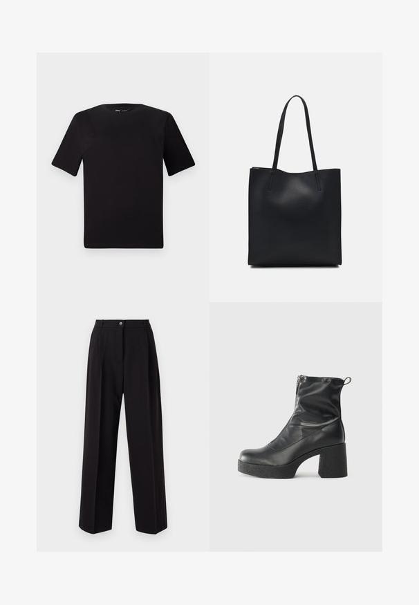 Black short-sleeve t-shirt with a round neckline, crafted from soft cotton fabric. Simple design, no visible logos or patterns.; Black wide-leg trousers made from lightweight fabric. Features a button front, two side pockets, and a tailored waistband. No visible patterns.; Black ankle boots made of smooth leather, featuring a side zipper, chunky textured heel, and rounded toe design.; Black leather tote bag with smooth texture, rectangular shape, and two long handles. No visible hardware or embellishments.