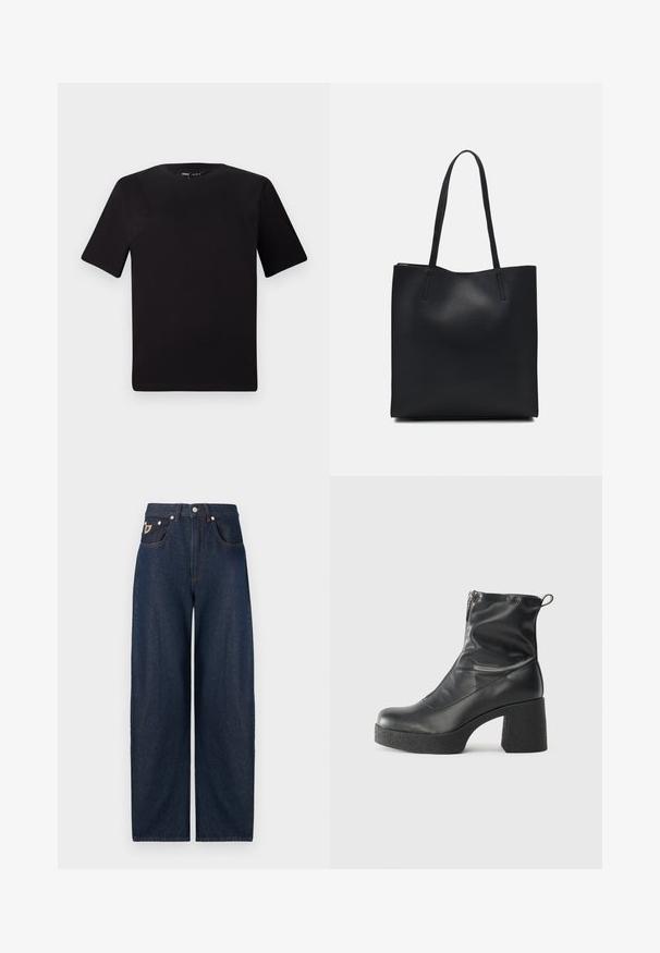 T-shirt nera a maniche corte con scollatura rotonda, realizzata in morbido cotone. Design semplice, senza loghi o motivi visibili.; Jeans in denim scuro a gamba larga con vita alta. Presentano cinque tasche, un bottone e una chiusura con cerniera, e cuciture a contrasto lungo le cuciture.; Stivali neri alla caviglia in pelle liscia, con zip laterale, tacco spesso e texture, e punta arrotondata.; Borsa tote in pelle nera con texture liscia, forma rettangolare e due manici lunghi. Nessun hardware o decorazione visibile.