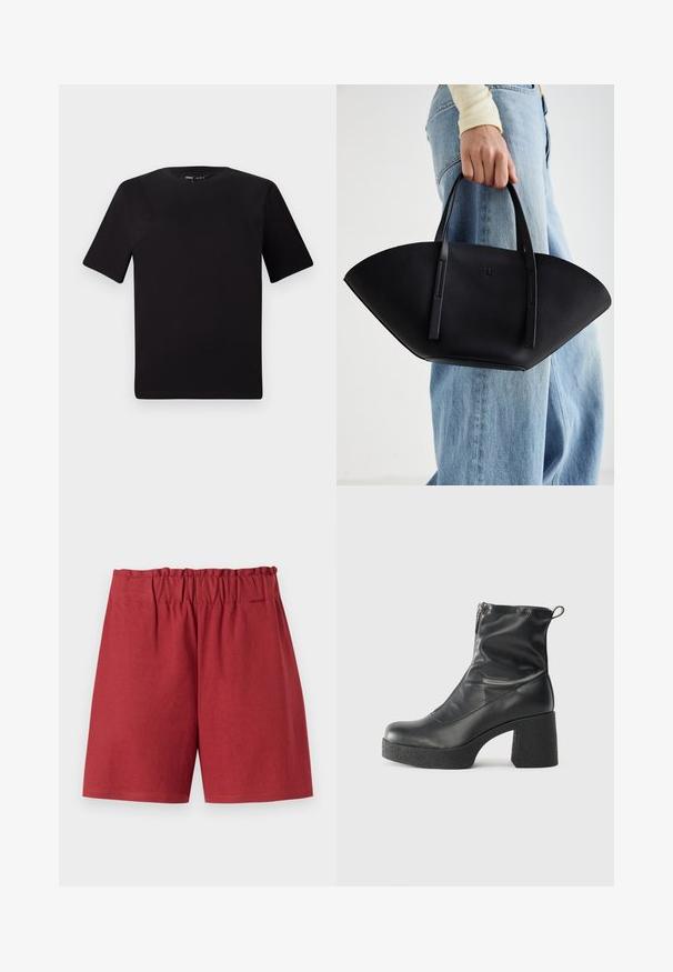 Svart t-skjorte med korte ermer og rund hals, laget av mykt bomullsstoff. Enkelt design, ingen synlige logoer eller mønstre.; Røde shorts med elastisk liv, med en avslappet passform og glatt bomullstekstur. Nederkantene er rette uten synlige mønstre eller detaljer.; Svarte ankelstøvler laget av glatt lær, med glidelås på siden, chunky strukturert hæl, og rund tå-design.; Svart skinnveske med en unik vifteform, med flate håndtak. Overflaten har en pebblelignende tekstur og et minimalistisk design.