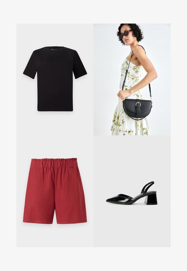 Schwarzes T-Shirt mit kurzen Ärmeln und Rundhalsausschnitt, aus weichem Baumwollmaterial gefertigt. Schlichtes Design, keine sichtbaren Logos oder Muster.; Rote Shorts mit einem elastischen Bund, die einen entspannten Schnitt und eine glatte Baumwolltextur aufweisen. Die Säume sind gerade ohne sichtbare Muster oder Akzente.; Schwarze Lackleder-Slingback-High Heels mit spitzem Schuh und einem geometrischen Blockabsatz. Verfügt über ein schlankes, minimalistisches Design und eine glatte Textur.; Schwarze Lederhandtasche mit geschwungener Form, abnehmbarem Tragegurt und goldenen Beschlägen. Die Tasche verfügt über einen Deckel mit einer Schnallen-Details.