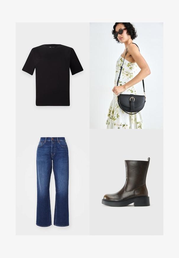 Crna majica kratkih rukava s okruglim izrezom, izrađena od mekane pamučne tkanine. Jednostavan dizajn, bez vidljivih logotipa ili uzoraka.; Tamnoplave traperice širokog kroja, visokog struka, s prednjim džepovima i zatvaranjem na dugme. Imaju suptilno izbljeđivanje i kontrastnu štepanje.; Tamnosmeđi kožni boot do sredine lista s zaobljenim prstom, debelim crnim đonom, niskom blok petom i ručkom na stražnjoj strani.; Crna kožna torba s lukovitim oblikom, odvojivim remenom i zlatnim detaljima. Torba ima preklop s kopčom.