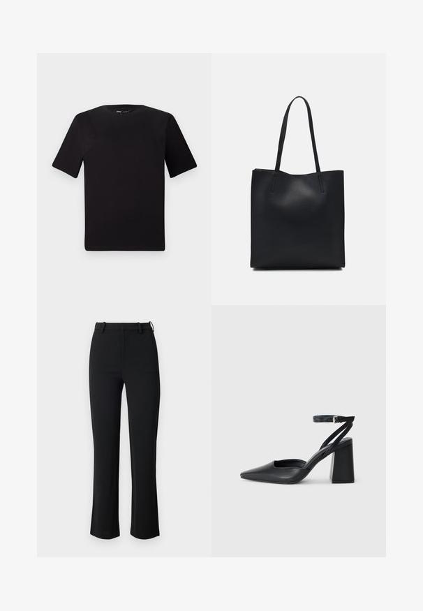 Czarna koszulka z krótkim rękawem o okrągłym dekolcie, wykonana z miękkiej bawełny. Prosty design, bez widocznych logo ani wzorów.; Czarne spodnie wykonane z gładkiego, elastycznego materiału, z dopasowaną talią, szlufkami na pasek i lekko rozszerzanymi nogawkami z bocznymi rozcięciami.; Czarne skórzane czółenka z ostrym noskiem, z paskiem na kostce i grubym obcasem. Gładka faktura, elegancki design i minimalistyczna estetyka.; Czarna skórzana torba tote o gładkiej fakturze, prostokątnym kształcie i dwóch długich uchwytach. Brak widocznych elementów metalowych i ozdób.