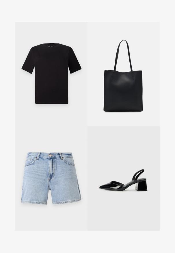 Fekete, rövid ujjú póló, kerek nyakkal, puha pamutból készült. Egyszerű dizájn, nincs látható logó vagy minta.; Világoskék farmer rövidnadrág magas derékkal, hagyományos, öt zsebes kialakítással és rojtos szegéllyel. Pamutból készült, elhalványult megjelenéssel.; Fekete lakk bőr szandálkés magas sarkú cipő, hegyes orral és geometrikus tömbsarkakkal. Karcsú, minimalista dizájn és sima textúra jellemzi.; Fekete bőrtáska sima felszínnel, téglalap alakú, két hosszú füllel. Nincs látható fémkiegészítő vagy díszítés.