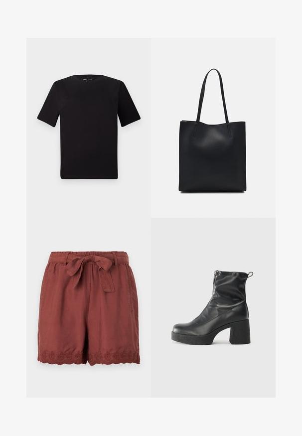 Crna majica kratkih rukava s okruglim izrezom, izrađena od mekane pamučne tkanine. Jednostavan dizajn, bez vidljivih logotipa ili uzoraka.; Shorts boje hrđe od lagane tkanine, s elastičnom tračkom i vezanjem, te složenim izvezenim valovitim uzorkom na rubu.; Crne gležnjače od glatke kože, s bočnim zatvaračem, debelim teksturiranim potplatom i dizajnom s zaobljenim prstima.; Crna kožna torba za nošenje s glatkom teksturom, pravokutnim oblikom i dvije duge ručke. Nema vidljivih metalnih dijelova ili ukrasa.