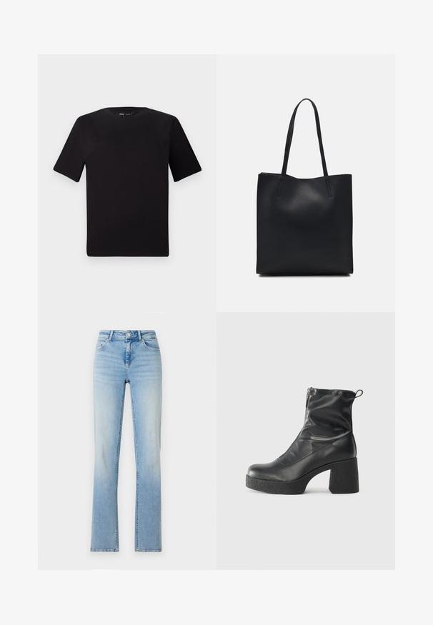 Tricou scurt negru cu mânecă scurtă și guler rotund, realizat dintr-un material de bumbac moale. Design simplu, fără logo-uri sau modele vizibile.; Jeans din denim de culoare albastră deschisă, cu talie înaltă, croială dreaptă și decolorare subtilă. Prezintă cinci buzunare și bucle pentru curea.; Bocanci negri de glezna din piele netedă, cu fermoar lateral, toc texturat și masiv, și design cu vârf rotund.; Geantă tote neagră din piele, cu textură netedă, formă rectangulară și două mânere lungi. Fără hardware vizibil sau ornamente.