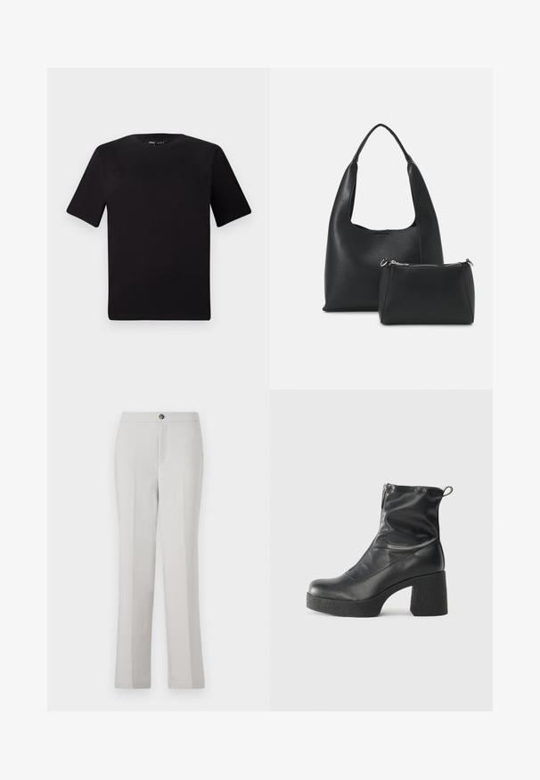 Black short-sleeve t-shirt with a round neckline, crafted from soft cotton fabric. Simple design, no visible logos or patterns.; Light grey straight-leg trousers made of smooth fabric, featuring a front button closure, side pockets, and a tailored fit.; Black ankle boots made of smooth leather, featuring a side zipper, chunky textured heel, and rounded toe design.; Even&Odd Handbag - black