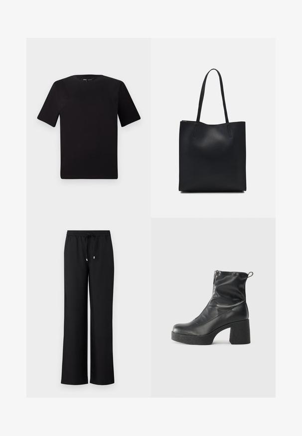 Black short-sleeve t-shirt with a round neckline, crafted from soft cotton fabric. Simple design, no visible logos or patterns.; Black wide-leg pants made of soft fabric, featuring an elastic waistband with a drawstring and two small metallic accents.; Black ankle boots made of smooth leather, featuring a side zipper, chunky textured heel, and rounded toe design.; Black leather tote bag with smooth texture, rectangular shape, and two long handles. No visible hardware or embellishments.
