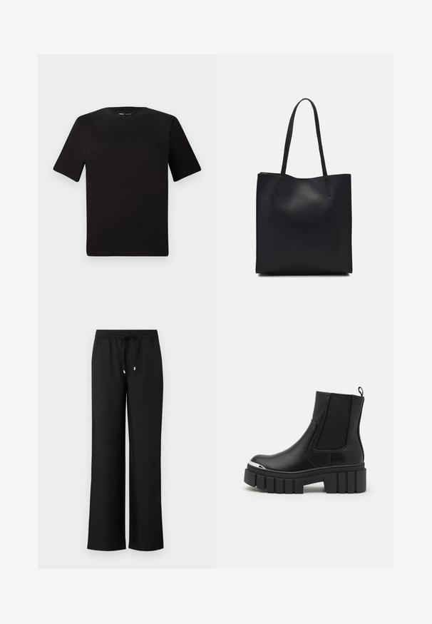 Black short-sleeve t-shirt with a round neckline, crafted from soft cotton fabric. Simple design, no visible logos or patterns.; Black wide-leg pants made of soft fabric, featuring an elastic waistband with a drawstring and two small metallic accents.; Black ankle boots made of smooth leather with elastic panels, a thick platform sole, and a metallic toe cap.; Black leather tote bag with smooth texture, rectangular shape, and two long handles. No visible hardware or embellishments.