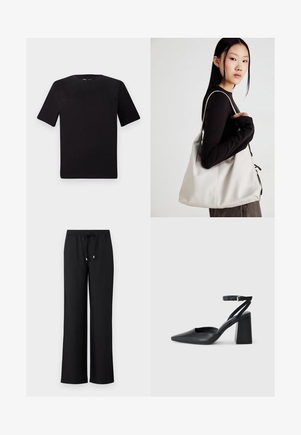 Melnas īsām piedurknēm T-krekls ar apaļu kakla izgriezumu, izgatavots no mīksta kokvilnas auduma. Vienkāršs dizains, bez redzamām logo vai rakstiem.; Melnas platās bikses, kas izgatavotas no mīksta auduma, ar elastīgu jostasvietu un auklu, kā arī diviem maziem metāliskiem akcentiem.; Melna ādas augstpapēžu kurpe ar norakstīto purngala formu, potītes siksniņu un masīlu papēdi. Gluda tekstūra, elegants dizains un minimālisma estētika.; Bežs rokassoma, izgatavota no mīksta materiāla, ar brīvu dizainu, izšūtu apdari un divām plecu siksnām. Piemērota ikdienas lietošanai.