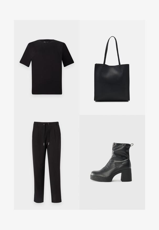T-shirt noir à manches courtes avec un col rond, fabriqué en coton doux. Design simple, sans logos ni motifs visibles.; Pantalons noirs en matériau doux, avec une taille à cordon de serrage, un devant plissé et des jambes effilées, avec une finition lisse.; Bottes noires à la cheville en cuir lisse, dotées d'une fermeture éclair sur le côté, d'un talon épais texturé et d'une conception à bout rond.; Sac fourre-tout en cuir noir avec une texture lisse, de forme rectangulaire et deux longues poignées. Pas de matériel ou d'ornementations visibles.