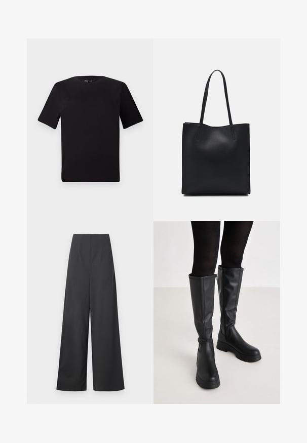 Čierne tričko s krátkym rukávom a okrúhlym výstrihom, vyrobené z mäkkej bavlny. Jednoduchý dizajn, bez viditeľných log alebo vzorov.; Nohavice s vysokým pásom a širokými nohavicami z tmavosivej látky s hladkou textúrou. Neobsahujú viditeľné vrecká ani ozdoby.; Even&Odd Čižmy na platforme - black; Čierna kožená taška na rameno s hladkým povrchom, obdĺžnikovým tvarom a dvoma dlhými uchami. Bez viditeľného kovania alebo ozdôb.