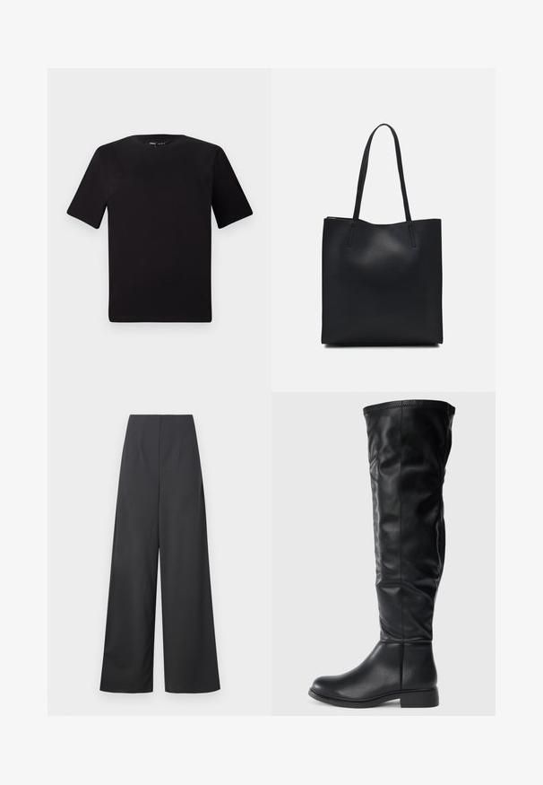 T-shirt preta de mangas curtas com decote redondo, feita de tecido de algodão suave. Design simples, sem logótipos ou padrões visíveis.; Calças de cintura alta e pernas largas em tecido cinza escuro com uma textura suave. Não têm bolsos visíveis nem embellishments.; Botas pretas até ao joelho, feitas de couro liso, com bico redondo, salto baixo em bloco e um cano ligeiramente descaído com detalhes de costura.; Bolsa tote preta em couro com textura lisa, forma retangular e duas alças longas. Sem hardware ou enfeites visíveis.