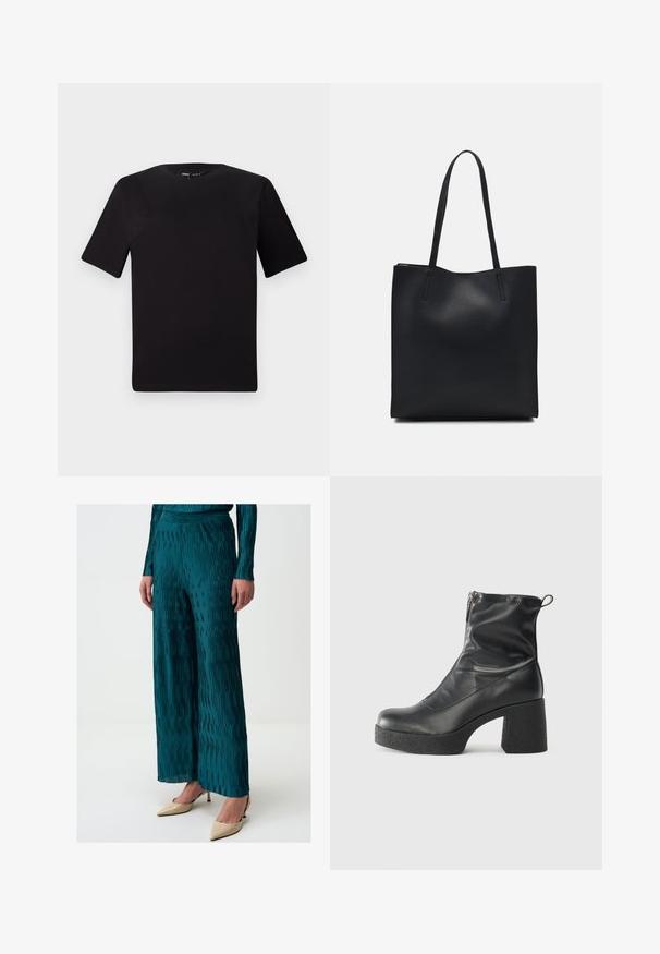 Schwarzes T-Shirt mit kurzen Ärmeln und Rundhalsausschnitt, aus weichem Baumwollmaterial gefertigt. Schlichtes Design, keine sichtbaren Logos oder Muster.; Türkise, plissierte weite Hosen aus glänzendem Stoff, mit vertikalen Streifen und einem bequemen Bund. Kombiniert mit nude-farbenen High Heels.; Schwarze Stiefeletten aus glattem Leder mit seitlichem Reißverschluss, klobigem strukturiertem Absatz und runder Zehenform.; Schwarze Laptoptasche aus Leder mit glatter Textur, rechteckiger Form und zwei langen Griffen. Keine sichtbaren Beschläge oder Verzierungen.