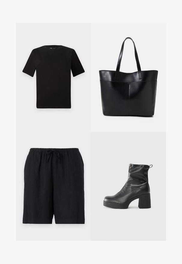 Black short-sleeve t-shirt with a round neckline, crafted from soft cotton fabric. Simple design, no visible logos or patterns.; Black shorts made of lightweight fabric with an elastic waistband and drawstring. Features a simple design and knee-length cut.; Black ankle boots made of smooth leather, featuring a side zipper, chunky textured heel, and rounded toe design.; Black leather tote bag with two long handles, a smooth texture, and a structured shape. Features a front pocket for additional storage.