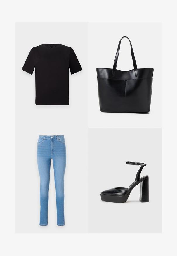 Melnas īsām piedurknēm T-krekls ar apaļu kakla izgriezumu, izgatavots no mīksta kokvilnas auduma. Vienkāršs dizains, bez redzamām logo vai rakstiem.; Tievās džinsos gaismas zilo denimu, augstā jostasvietā, pieci kabatas, priekšējais pogas aizdare un neliels izbalējums uz apakšmalas.; Melnas platformas papēžs ar norādītu purngala formu un regulējamu potītes siksniņu. Izgatavotas no gludas ādas, ar masīvu bloku papēdi.; Melnas ādas iepirkumu soma ar divām garām rokturām, gludu tekstūru un strukturētu formu. Iekļauj priekšējo kabatu papildu uzglabāšanai.