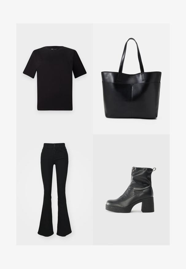 Musta lyhythihainen t-paita pyöreällä kaula-aukolla, valmistettu pehmeästä puuvillakankaasta. Yksinkertainen malli, ei näkyviä logoja tai kuvioita.; Mustat leveälahkeiset farkut korkealla vyötäröllä, joissa on kaksi etupainiketta ja vetoketju. Valmistettu pehmeästä farkkukankaasta, jossa on sileä pinta.; Mustat nilkkurit, jotka on valmistettu sileästä nahasta. Niissä on sivuvetoketju, paksu teksturoitu korko ja pyöristetty kärki.; Musta nahkainen kassi, jossa on kaksi pitkää kahvaa, sileä pinta ja jämäkkä muoto. Sisältää etutaskun lisävarastointia varten.