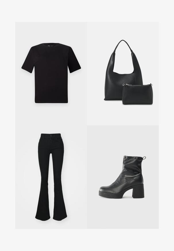 T-shirt noir à manches courtes avec un col rond, fabriqué en coton doux. Design simple, sans logos ni motifs visibles.; Jean évasé noir à taille haute, doté de deux boutons à l'avant et d'une fermeture éclair. Fabriqué en denim doux avec une texture lisse.; Bottes noires à la cheville en cuir lisse, dotées d'une fermeture éclair sur le côté, d'un talon épais texturé et d'une conception à bout rond.; Even&Odd Sac à main - black