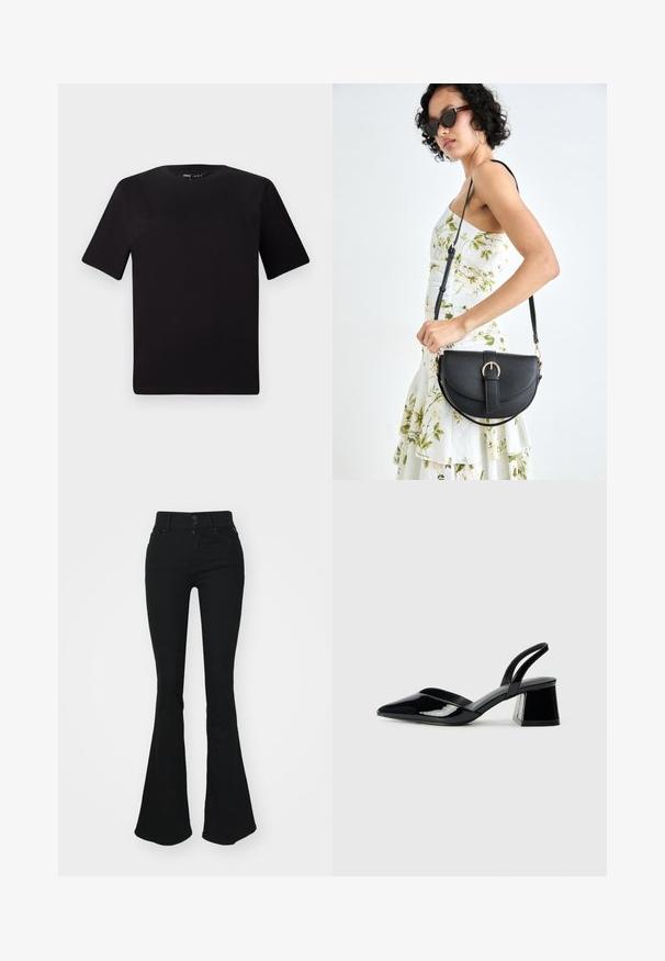 Black short-sleeve t-shirt with a round neckline, crafted from soft cotton fabric. Simple design, no visible logos or patterns.; Black flared jeans with a high waist, featuring two front buttons and a zipper. Made of a soft denim material with a smooth texture.; Black patent leather slingback heels with a pointed toe and a geometric block heel. Features a sleek, minimal design and smooth texture.; Black leather handbag with a curved shape, detachable strap, and gold hardware. The bag features a flap with a buckle detail.