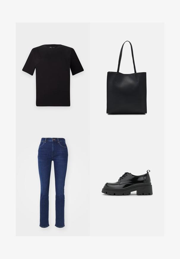 Crna majica kratkih rukava s okruglim izrezom, izrađena od mekane pamučne tkanine. Jednostavan dizajn, bez vidljivih logotipa ili uzoraka.; Tamno plavi traperice, visokog struka s uskim krojem. Ima prednje džepove i kopčanje na dugme. Rub je blago iznošen.; Crne lakirane kožne cipele s debelom platformom i debljim vezicama. Okrogli vrh, minimalni detalji i mali taban na stražnjoj strani.; Crna kožna torba za nošenje s glatkom teksturom, pravokutnim oblikom i dvije duge ručke. Nema vidljivih metalnih dijelova ili ukrasa.