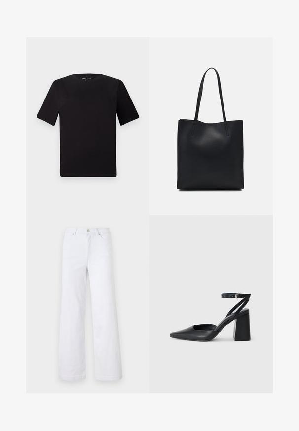 T-shirt preta de mangas curtas com decote redondo, feita de tecido de algodão suave. Design simples, sem logótipos ou padrões visíveis.; As calças de ganga brancas de perna larga apresentam um fecho de correr, um botão de fecho, dois bolsos frontais e um design limpo, sem enfeites.; Sandal com biqueira afilada em couro preto, com cinta no tornozelo e salto grosso. Textura lisa, design elegante e estética minimalista.; Bolsa tote preta em couro com textura lisa, forma retangular e duas alças longas. Sem hardware ou enfeites visíveis.